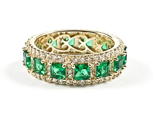 Elegant Vintage Green CZ Gold Tone Eternity Silver Band Ring
