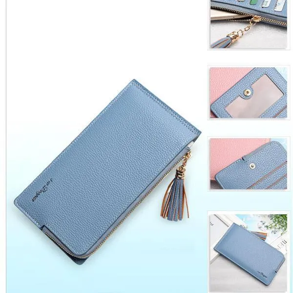 elvesmall Women Tassel Long Card Holder Candy Color Zipper Purse Coin Bags 5.5'' Phone Case For Iphone 7P