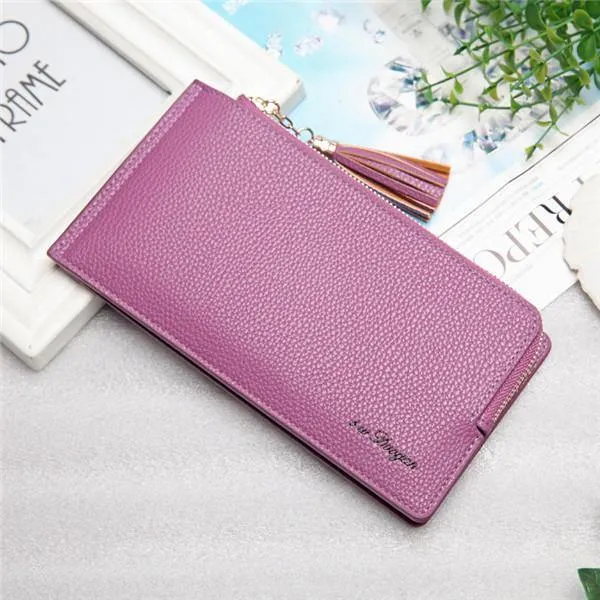 elvesmall Women Tassel Long Card Holder Candy Color Zipper Purse Coin Bags 5.5'' Phone Case For Iphone 7P