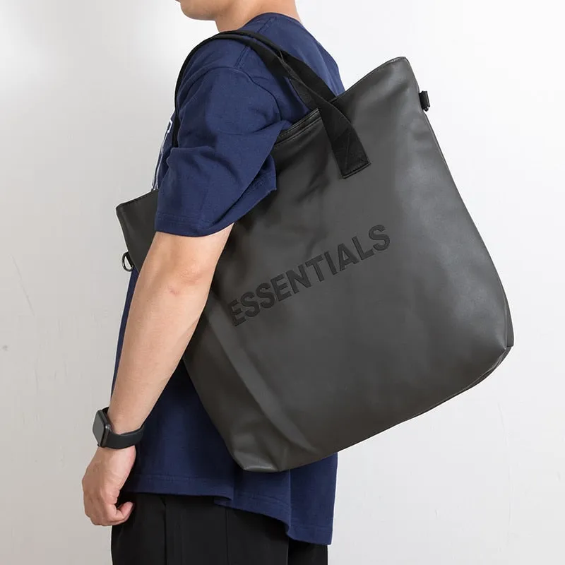 ESSENTIALS Men's Black High Capacity Tote Shopping Bag / Casual cross-body Leather  handbag for Women