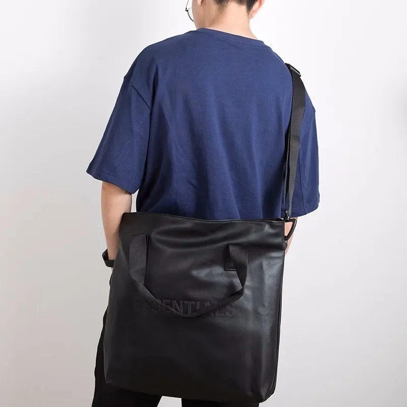 ESSENTIALS Men's Black High Capacity Tote Shopping Bag / Casual cross-body Leather  handbag for Women