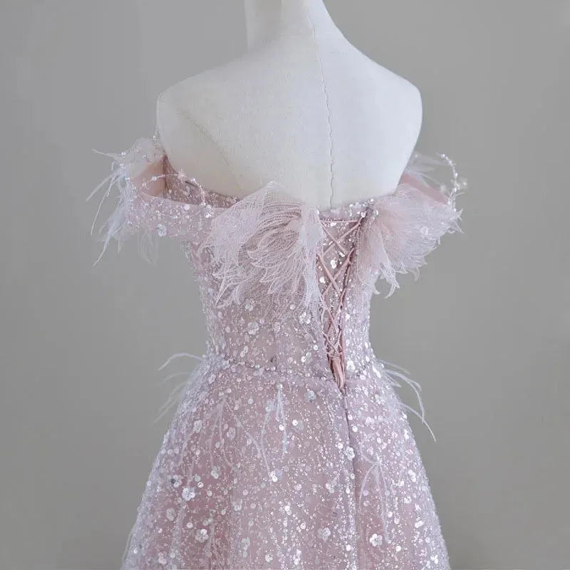 Girlary Blush Evening Dresses Real Pictures Long Prom Dress Strapless Lace-up Back Layers Tulle with Shining Beading Pearls Feather Part