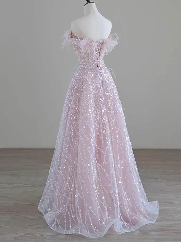 Girlary Blush Evening Dresses Real Pictures Long Prom Dress Strapless Lace-up Back Layers Tulle with Shining Beading Pearls Feather Part