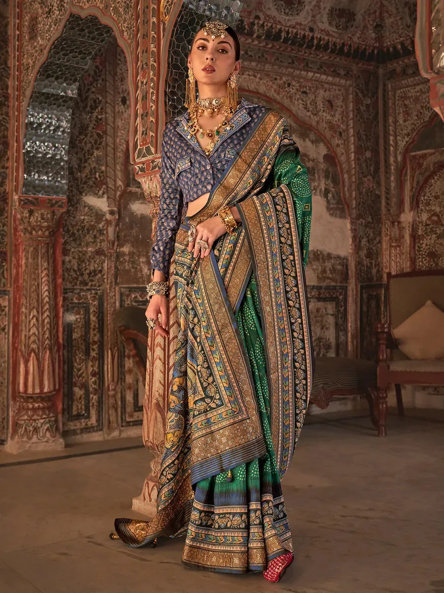 Gorgeous Green Designer Rajwadi Printed  Silk Saree