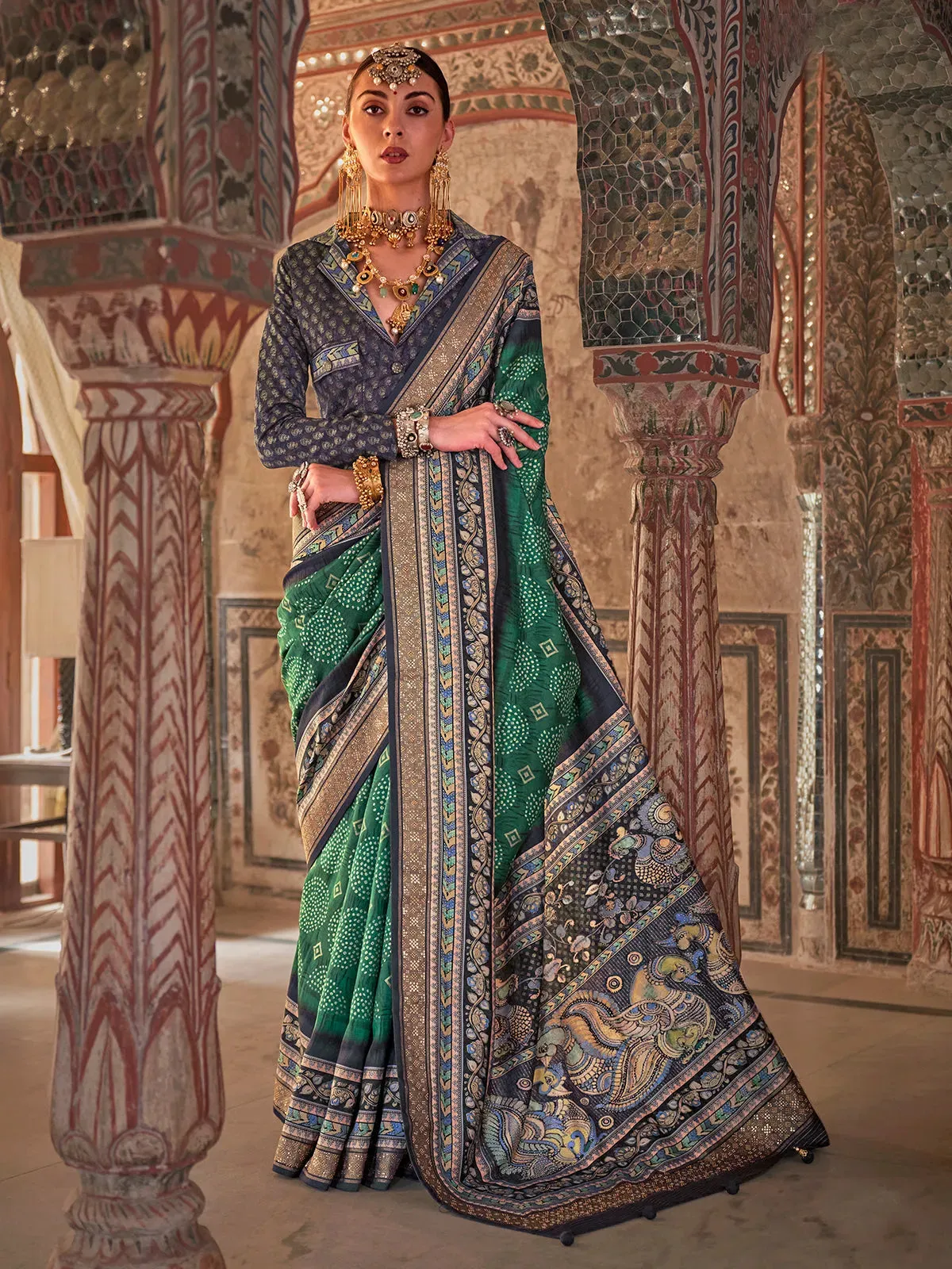 Gorgeous Green Designer Rajwadi Printed  Silk Saree