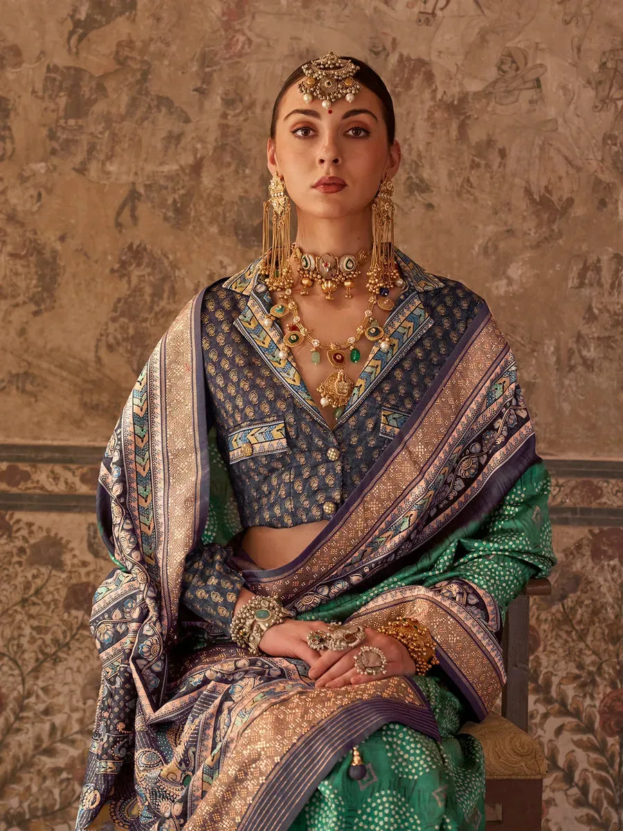 Gorgeous Green Designer Rajwadi Printed  Silk Saree