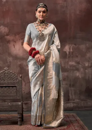 Gorgeous Grey-Cream Rangkaat Handloom Silk Saree