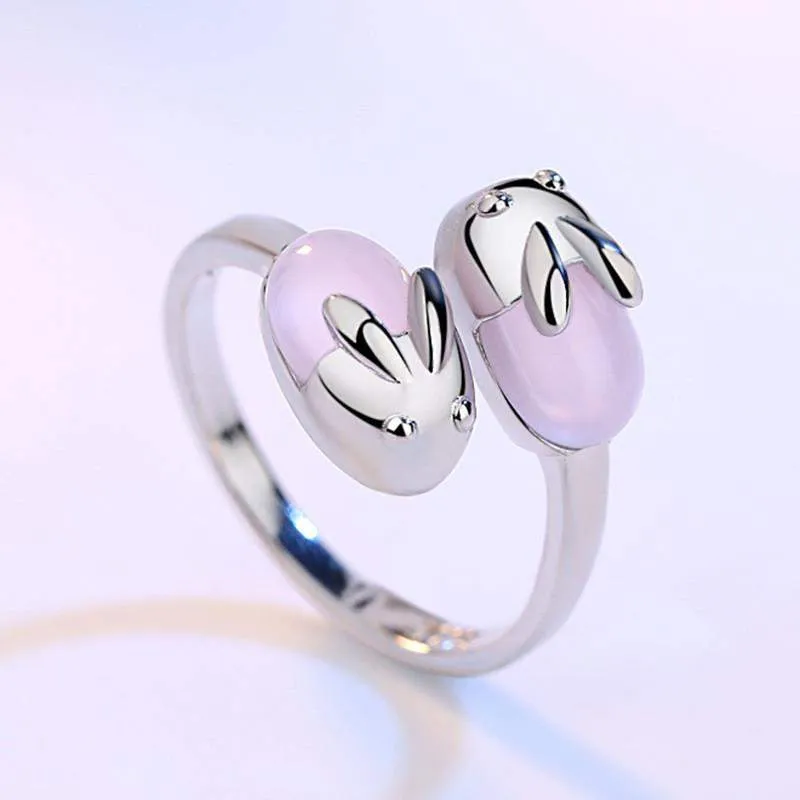 Gorgeous Silver Plated Double Pink Bunny Ring
