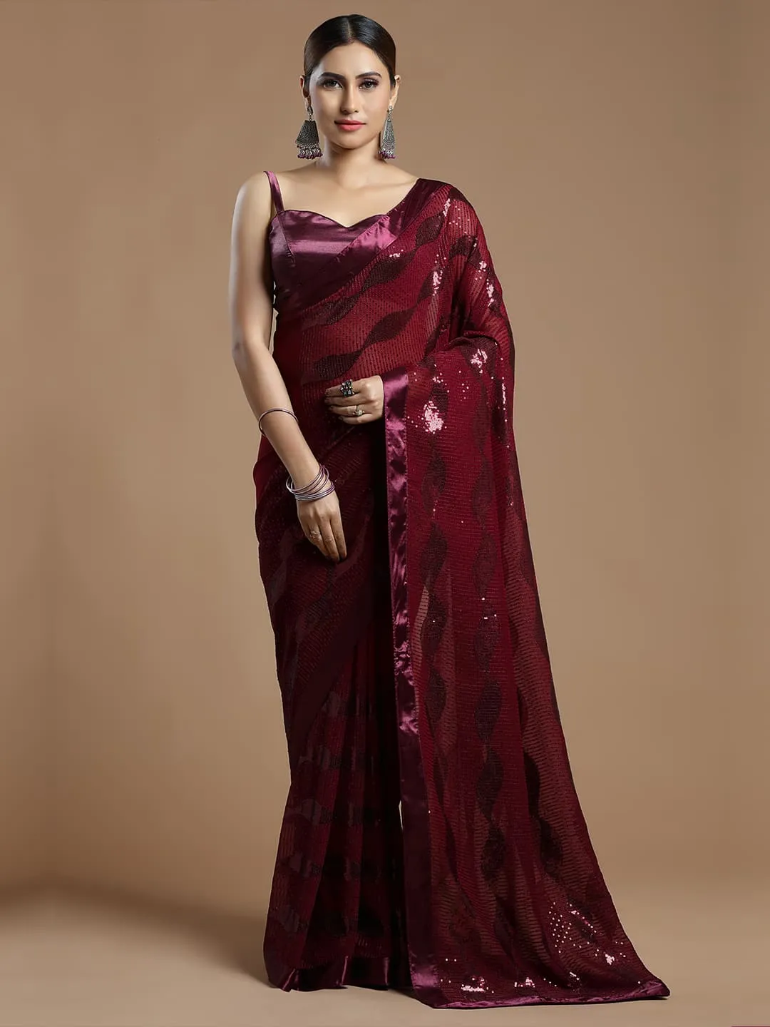 Gorgeous Wine Wavy Georgette Saree