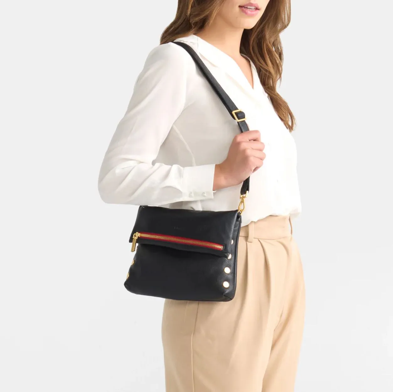 Hammitt VIP Medium in Black/Brushed Gold Red Zip