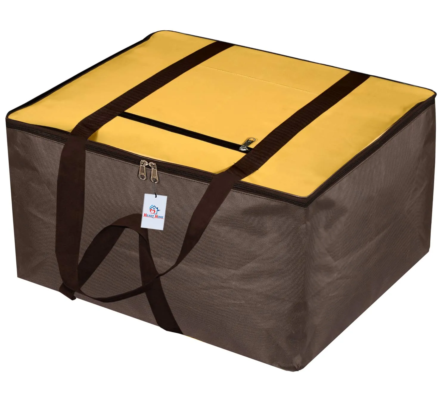 Heart Home Small Size Lightweight Foldable Rexine Jumbo Underbed Storage Bag With Zipper And Handle (Yellow & Brown)-Pack of 2