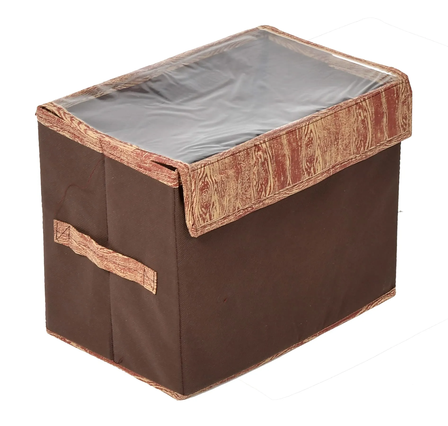 Heart Home Wooden Design Multiuses Small Non-Woven Storage Box/Organizer With Tranasparent Lid (Brown) -44HH0429