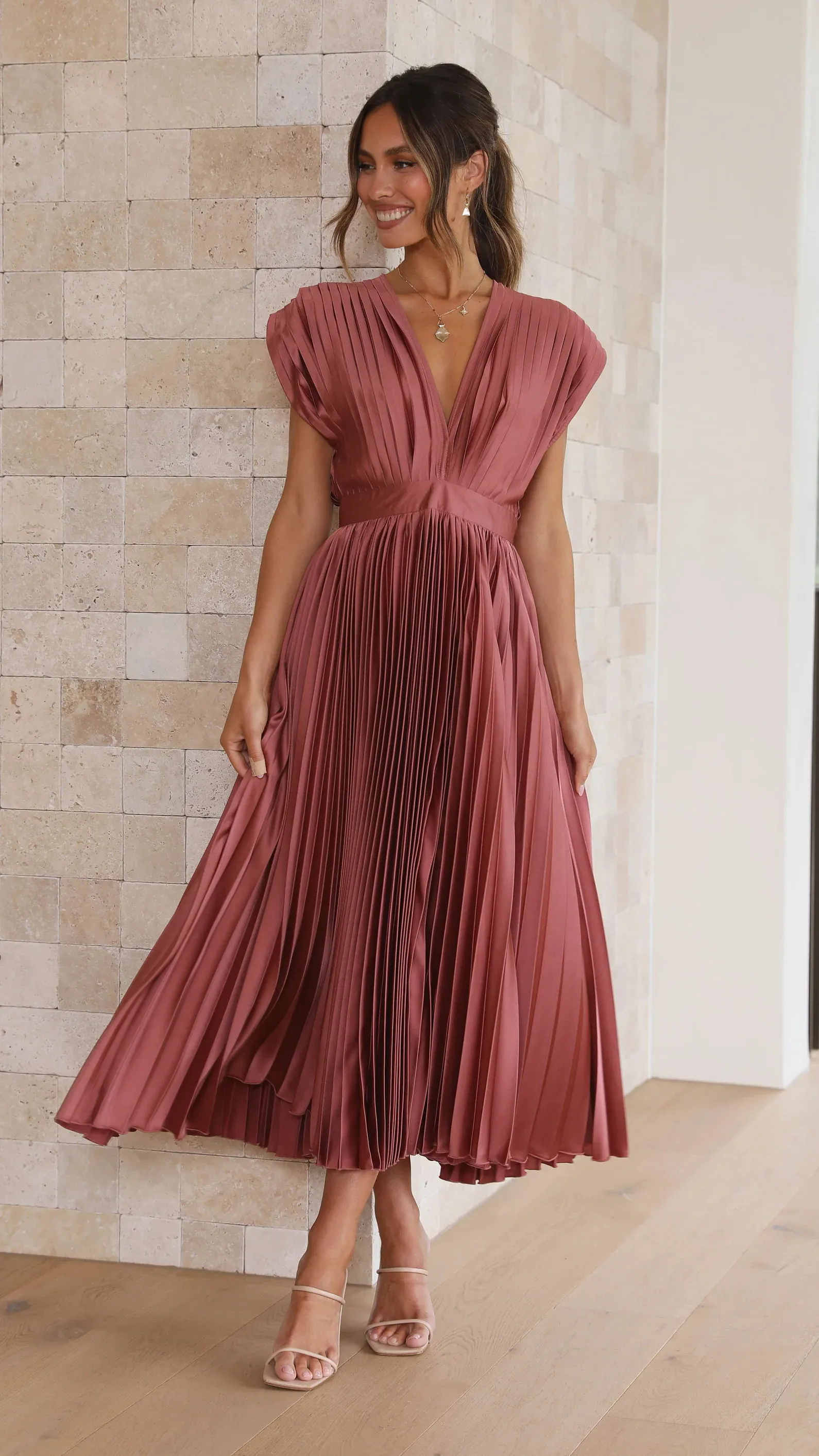Hello Gorgeous Satin Pleated Party Midi Dress