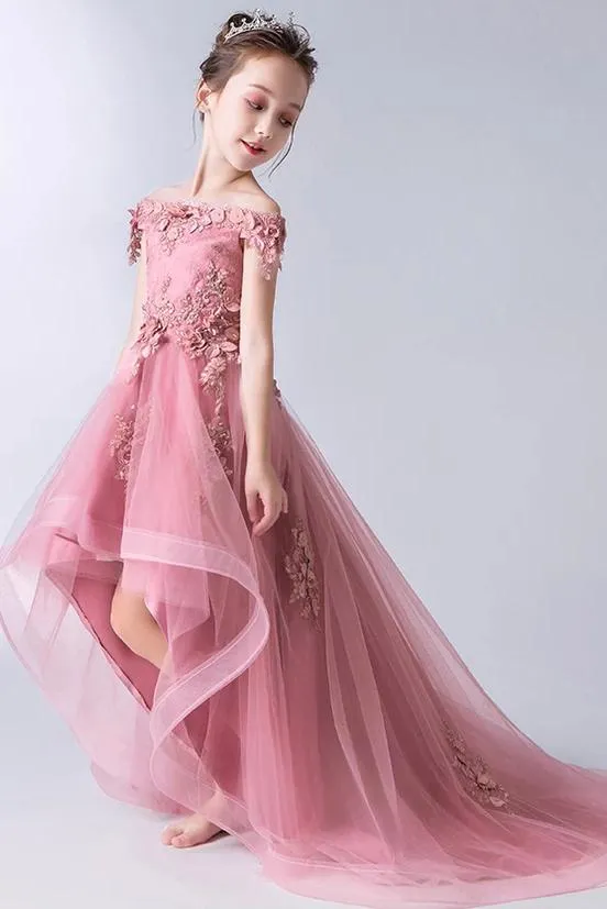 High Low Gorgeous Off the Shoulder With Lace Appliques Sleeveless Tulle Flower Girl Dresses WK884