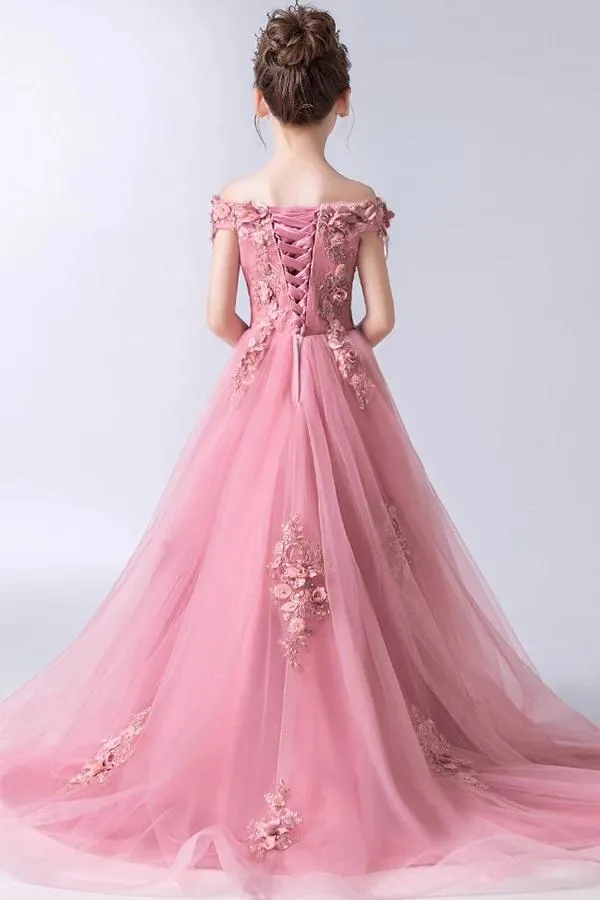High Low Gorgeous Off the Shoulder With Lace Appliques Sleeveless Tulle Flower Girl Dresses WK884