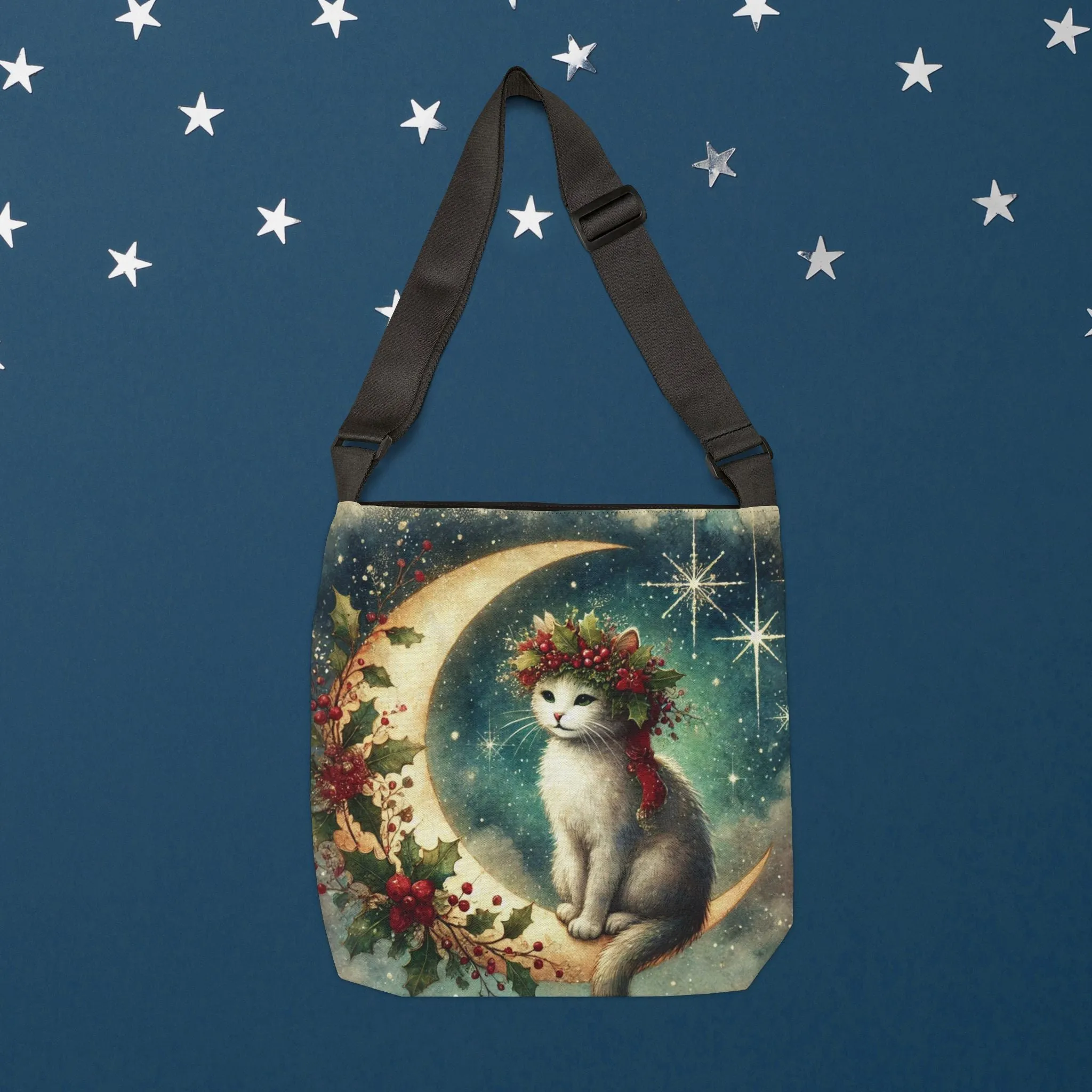 Holiday Moon - Cat Lover - Adjustable Strap Tote Bag