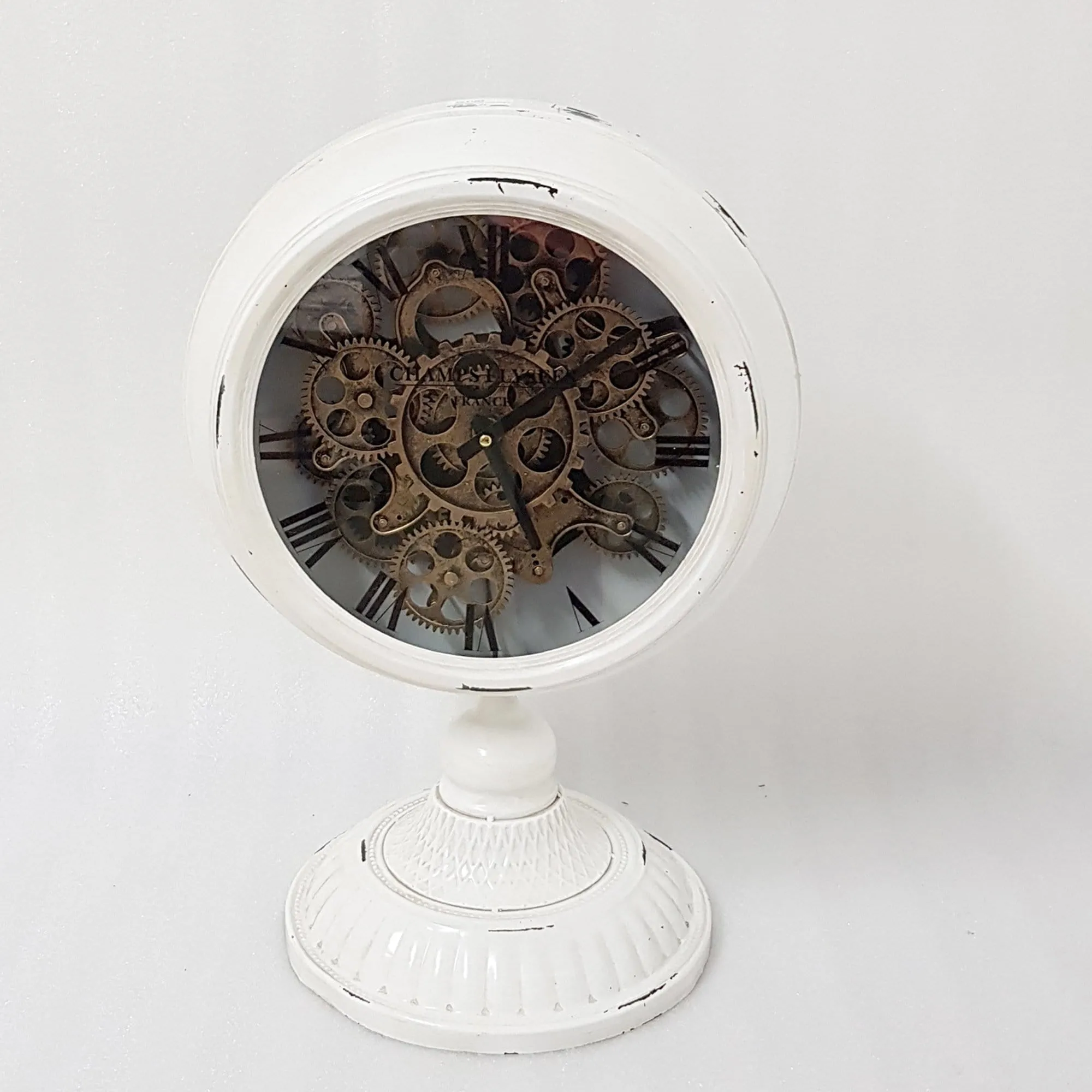 Industrial moving cogs standing clock on footed stand - white