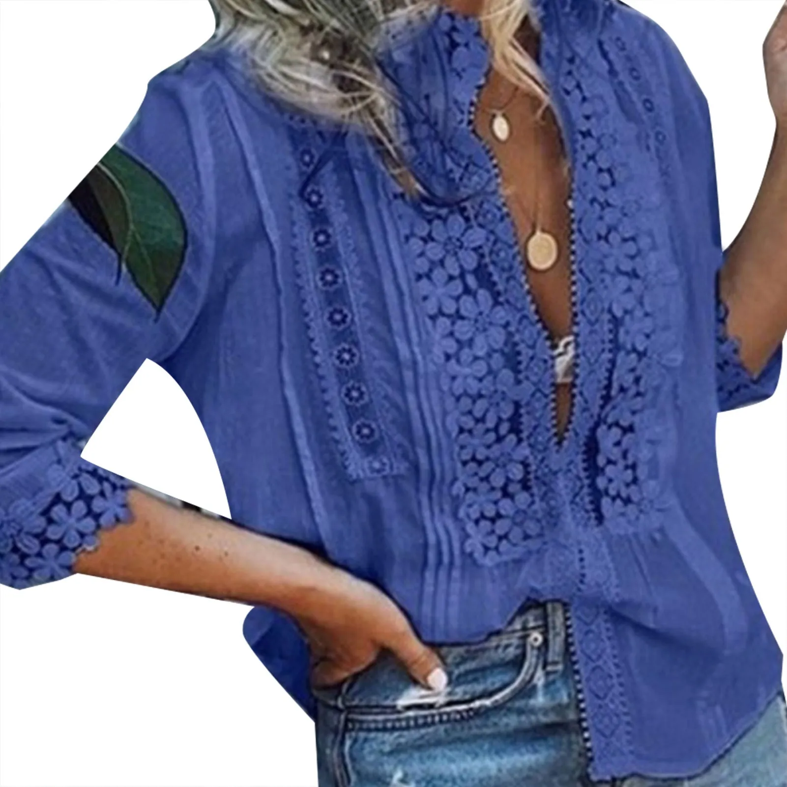 JuliaFashion - 2024 Women's Sexy Floral Embroidered Button Down Hollow Blouse