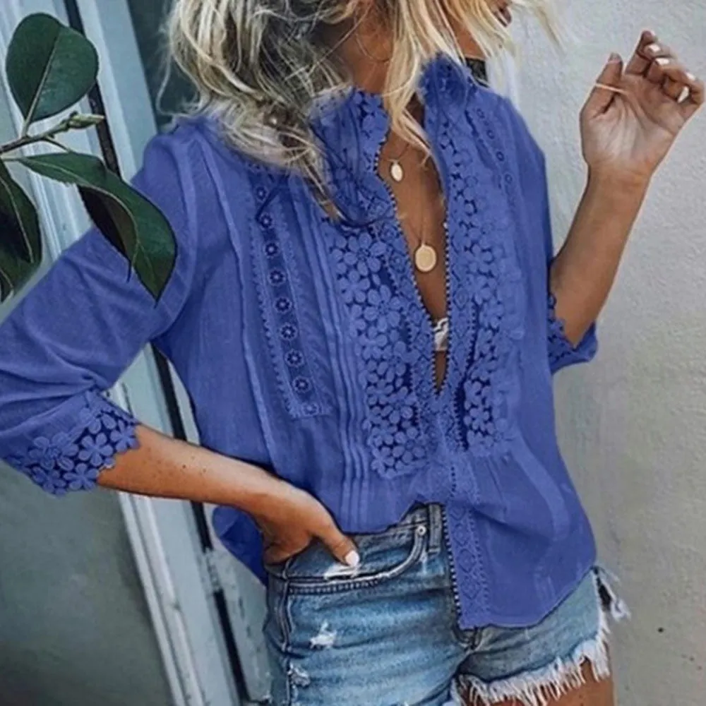 JuliaFashion - 2024 Women's Sexy Floral Embroidered Button Down Hollow Blouse