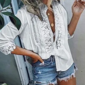 JuliaFashion - 2024 Women's Sexy Floral Embroidered Button Down Hollow Blouse