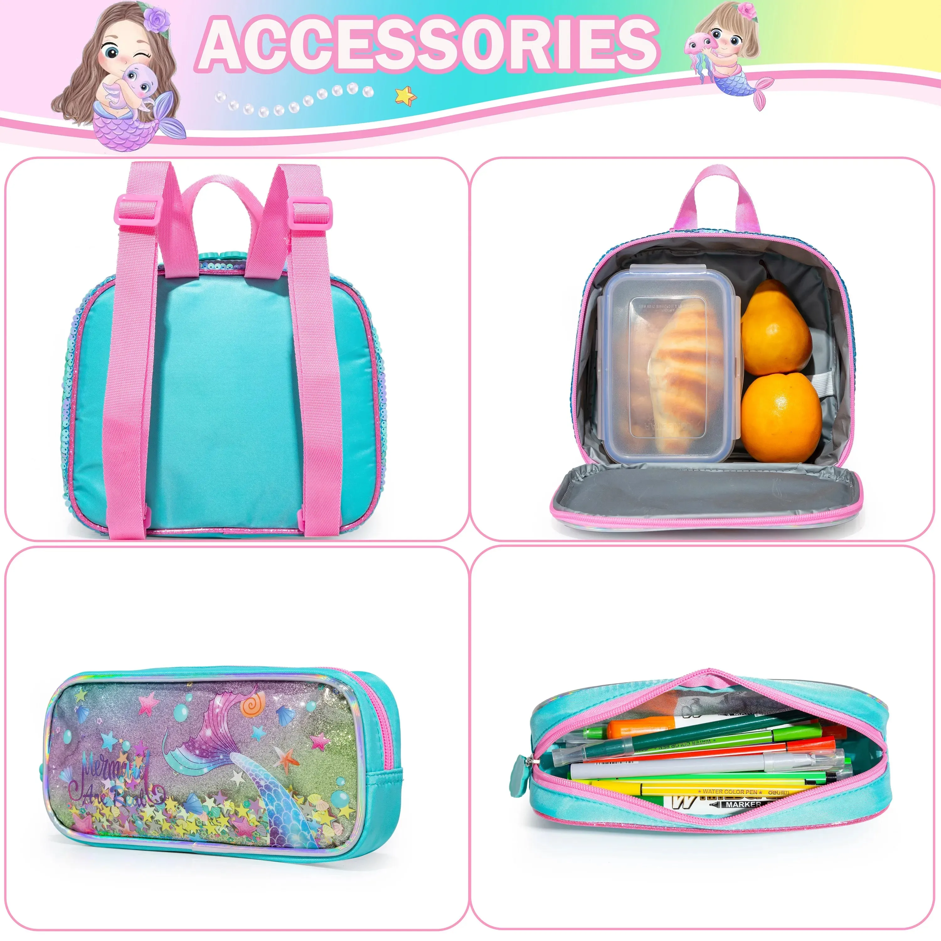 Kids Girls Full Size School Backpack with lunch box