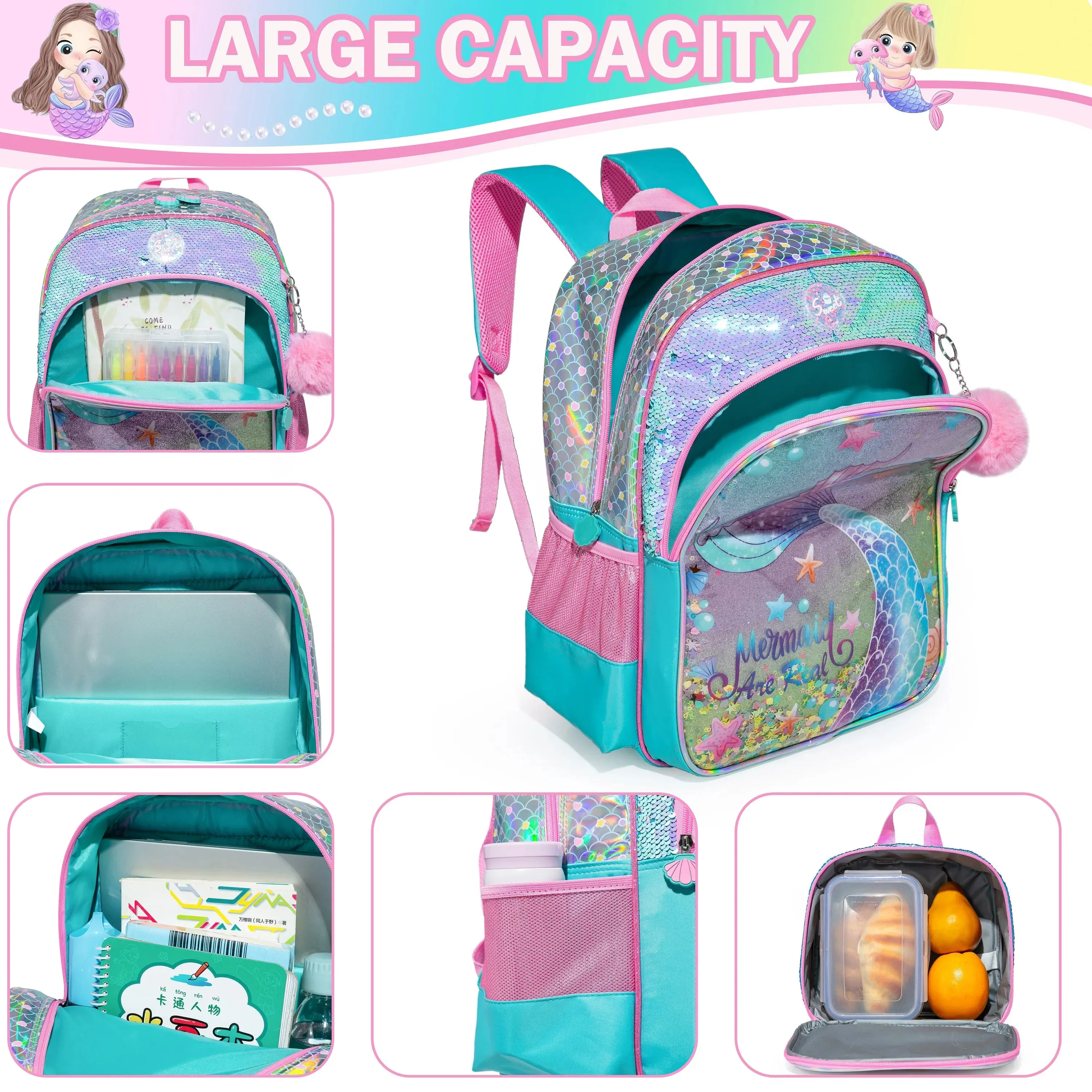 Kids Girls Full Size School Backpack with lunch box