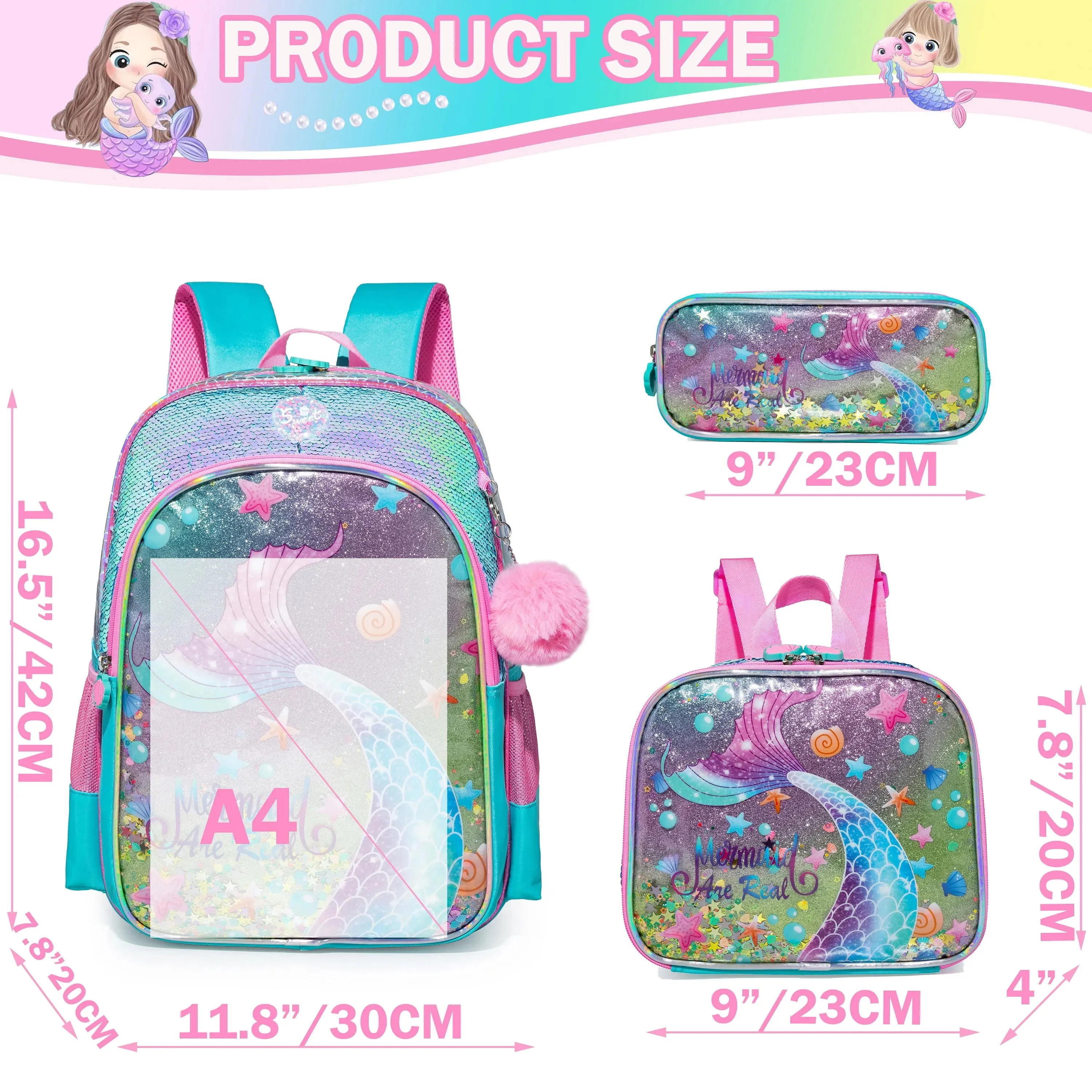 Kids Girls Full Size School Backpack with lunch box
