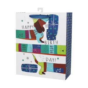 Large Dachshund Hot Stamp Happy Birthday Gift Bag - 26cm x 32cm x 12cm