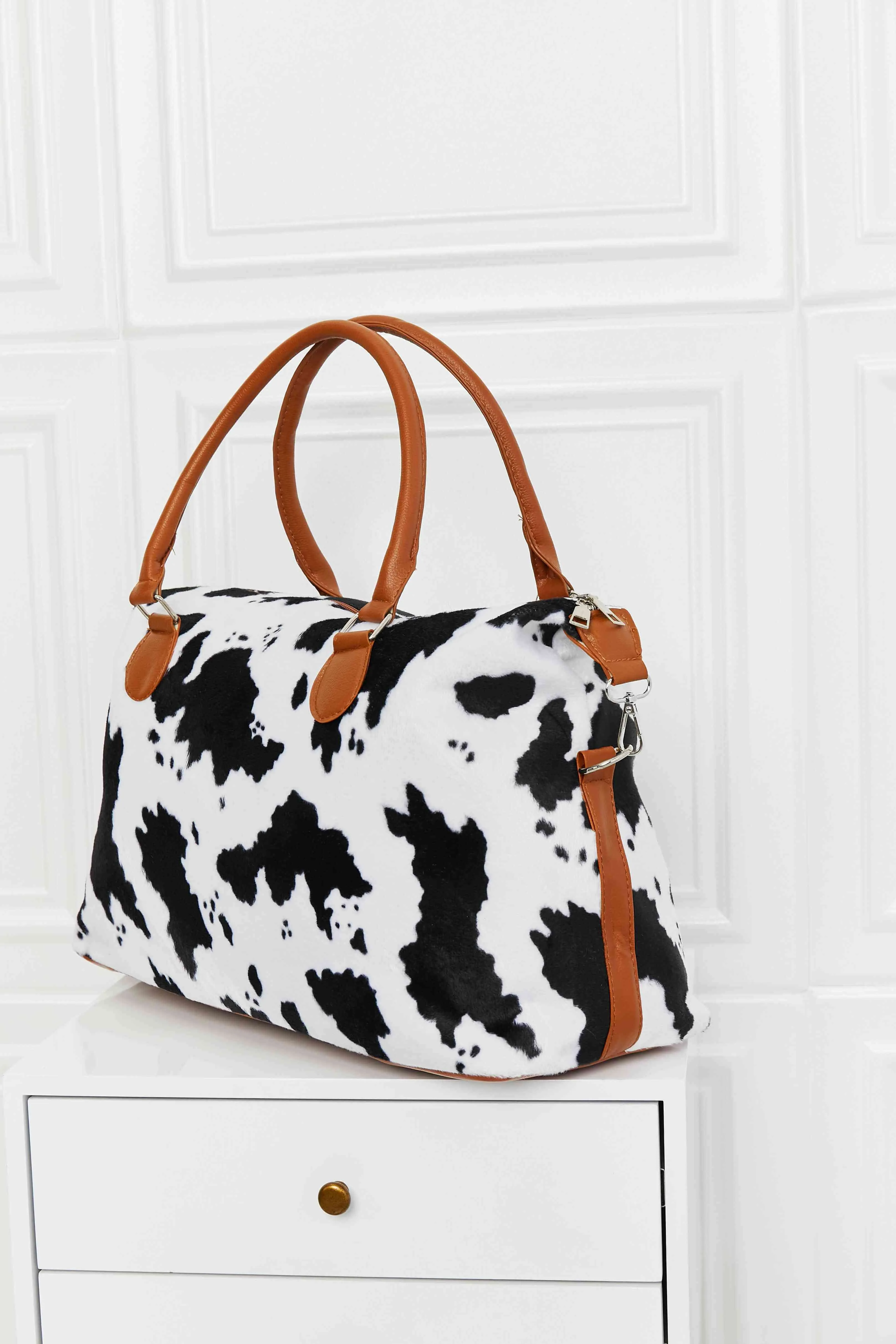 Leopard Printed Faux Rabbit Fur Weekender Handbag | Medium Size with Inner Pockets