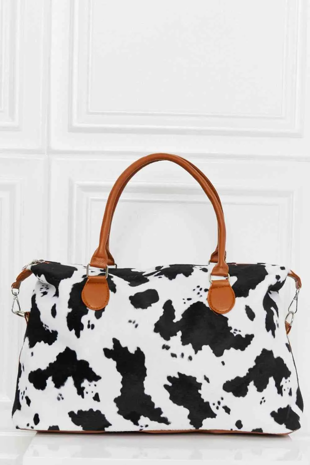 Leopard Printed Faux Rabbit Fur Weekender Handbag | Medium Size with Inner Pockets