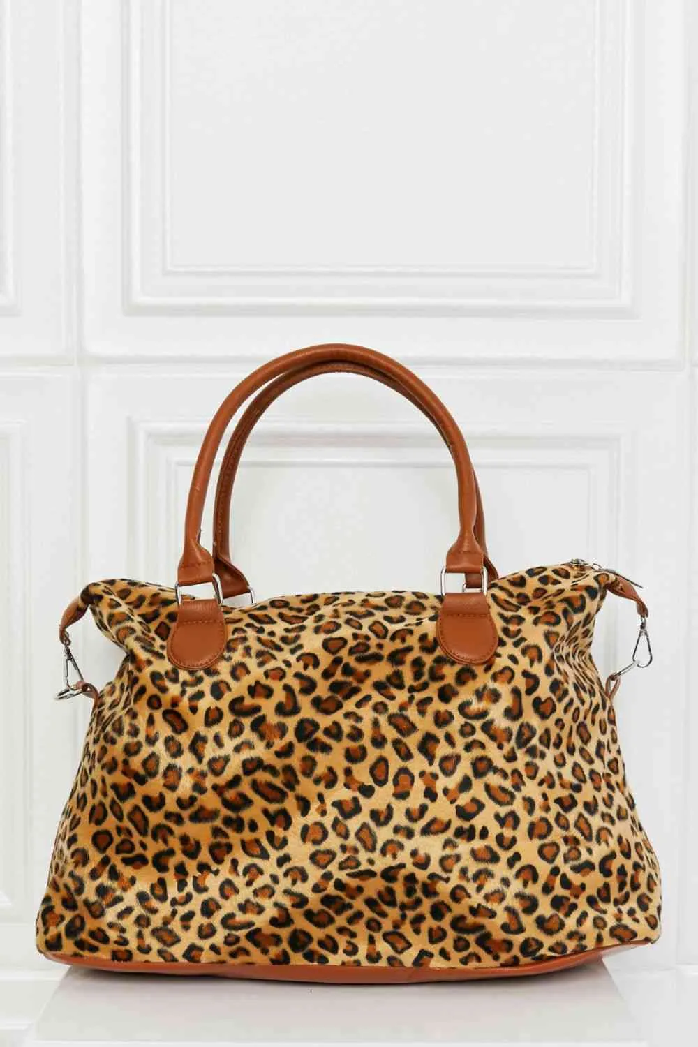 Leopard Printed Faux Rabbit Fur Weekender Handbag | Medium Size with Inner Pockets