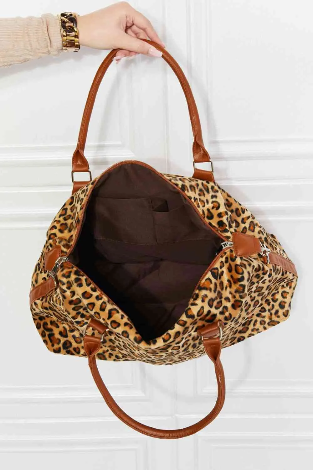 Leopard Printed Faux Rabbit Fur Weekender Handbag | Medium Size with Inner Pockets