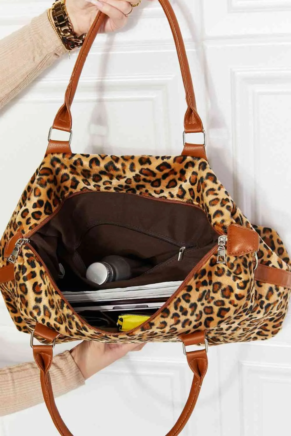 Leopard Printed Faux Rabbit Fur Weekender Handbag | Medium Size with Inner Pockets
