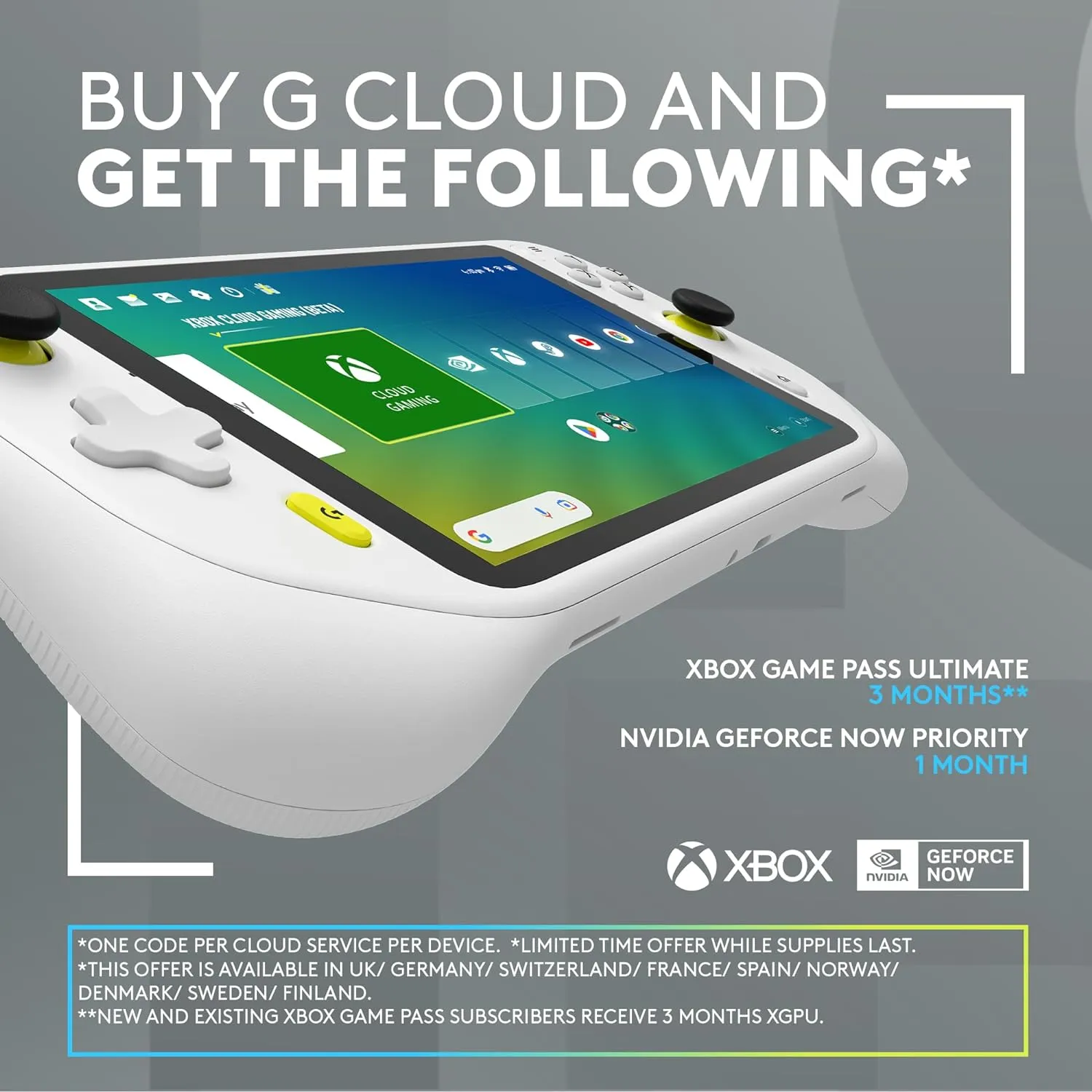 Logitech G Cloud Gaming Handheld - 7" 1080P Touchscreen, Lightweight, Long Battery Life, Xbox Cloud Gaming, NVIDIA GeForce NOW, Google Play - UK Plug, White
