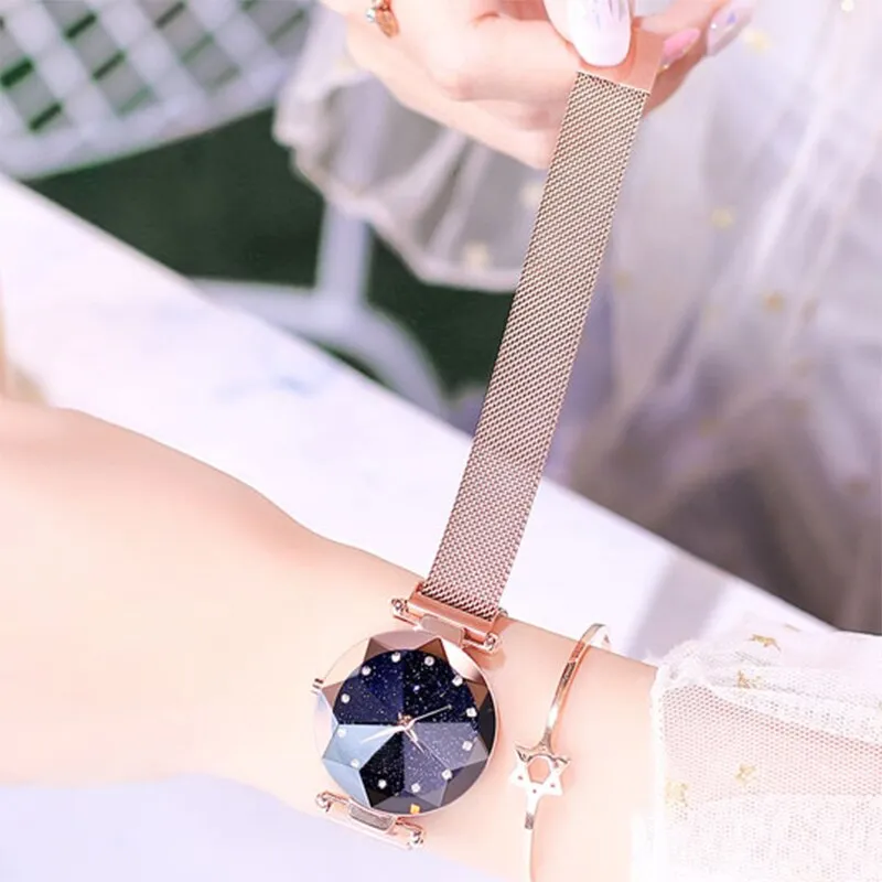 Luxury ladies watch magnet stainless steel mesh with starry fashion diamond female luminous shining quartz watch relogio feminin