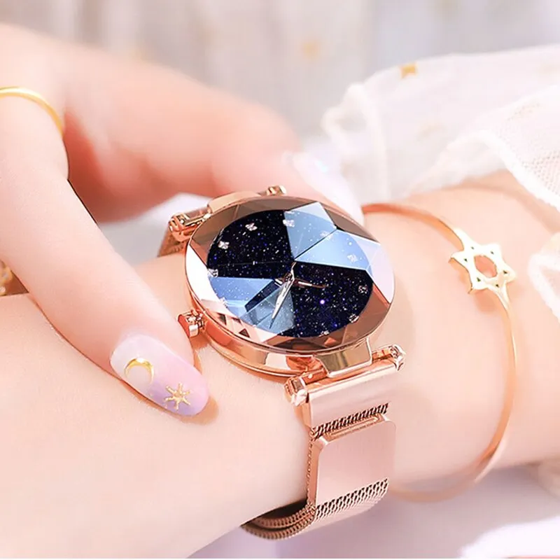 Luxury ladies watch magnet stainless steel mesh with starry fashion diamond female luminous shining quartz watch relogio feminin