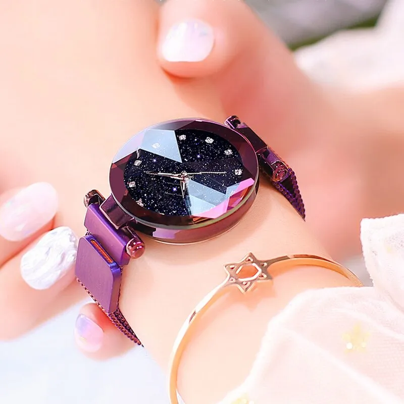 Luxury ladies watch magnet stainless steel mesh with starry fashion diamond female luminous shining quartz watch relogio feminin