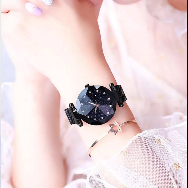 Luxury ladies watch magnet stainless steel mesh with starry fashion diamond female luminous shining quartz watch relogio feminin