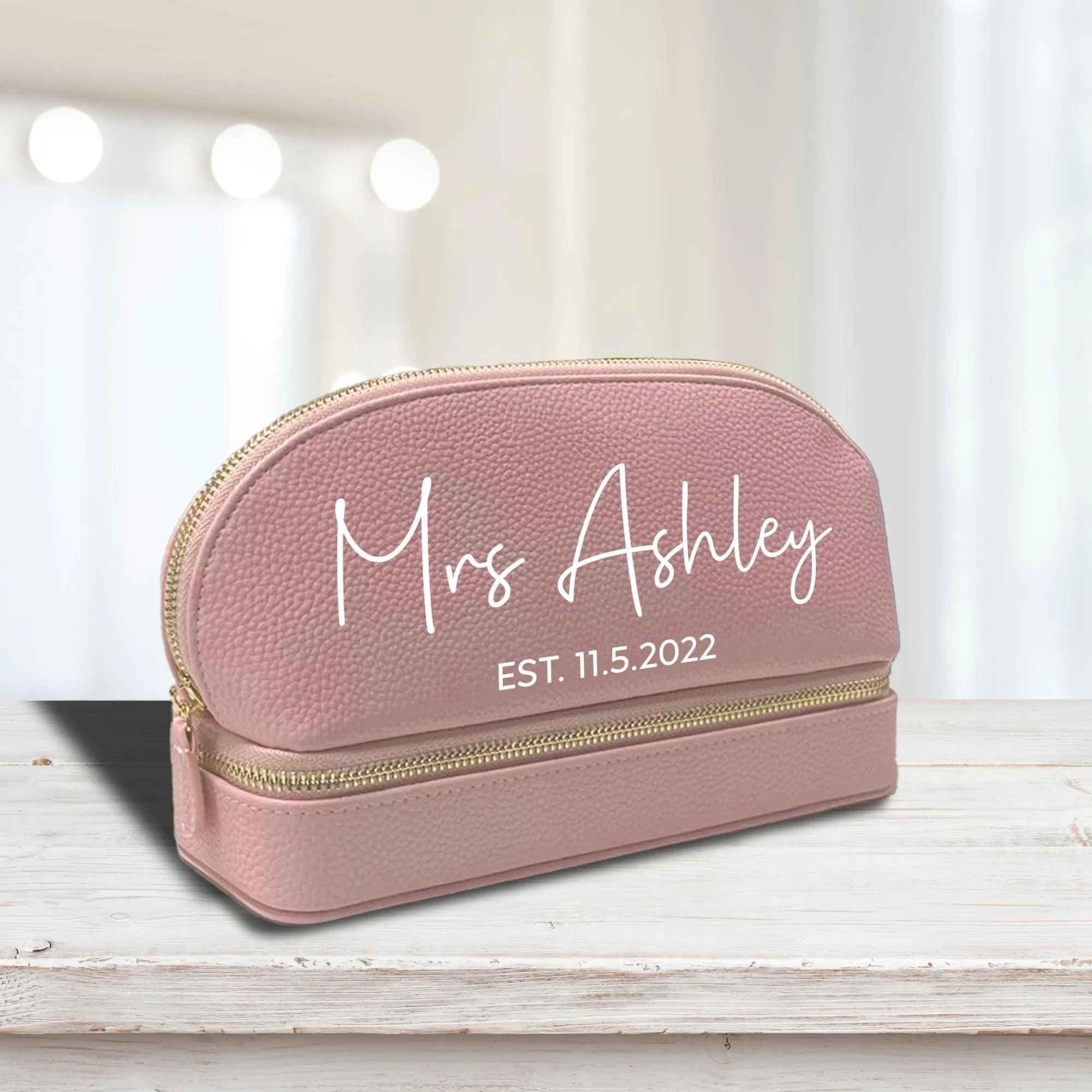 Mrs. Last Name Est Year Leather Makeup Jewelry Bag Personalized Date Wedding Makeup Case Custom Bridal Shower Gift Honeymoon Gift (BMB1001)