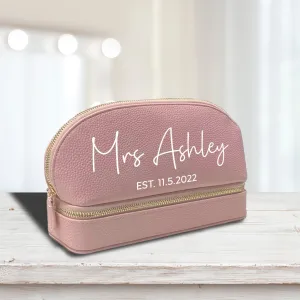 Mrs. Last Name Est Year Leather Makeup Jewelry Bag Personalized Date Wedding Makeup Case Custom Bridal Shower Gift Honeymoon Gift (BMB1001)