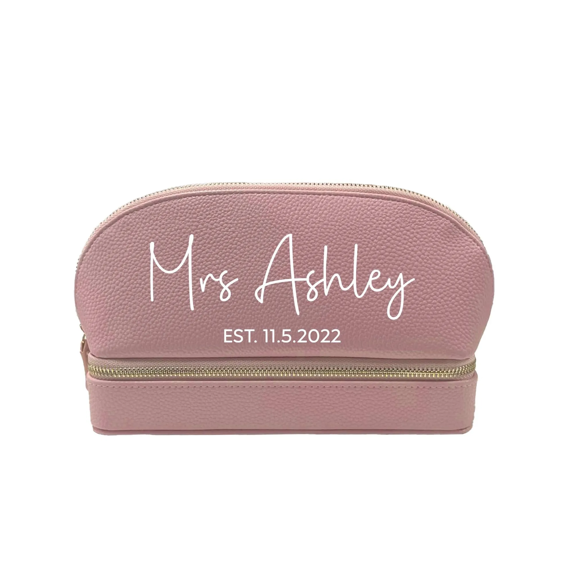 Mrs. Last Name Est Year Leather Makeup Jewelry Bag Personalized Date Wedding Makeup Case Custom Bridal Shower Gift Honeymoon Gift (BMB1001)