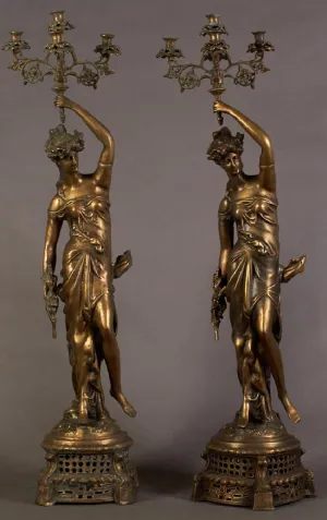 Pair of Large Bronze Five Light Figural Candelabra,
