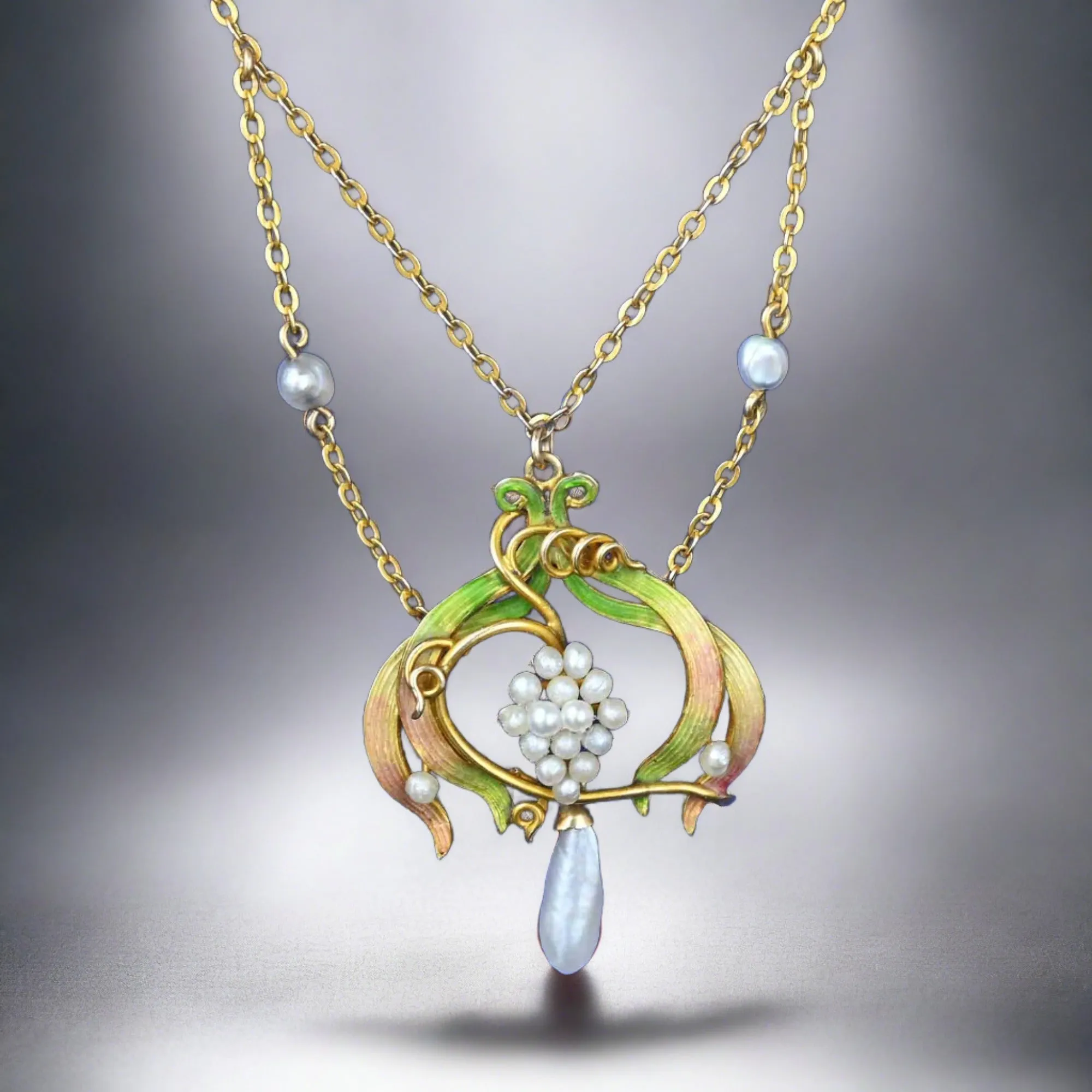 Pearl & Enamel Gold Antique Art Nouveau Necklace