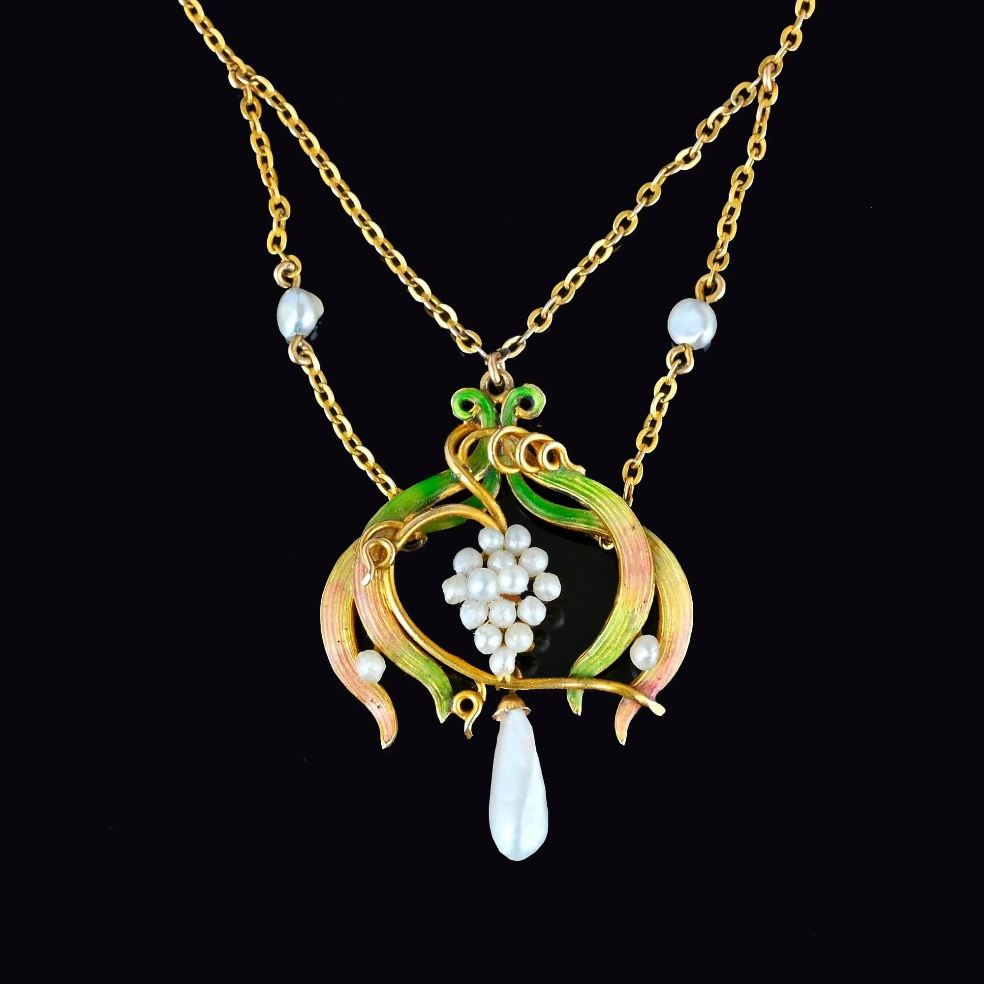 Pearl & Enamel Gold Antique Art Nouveau Necklace