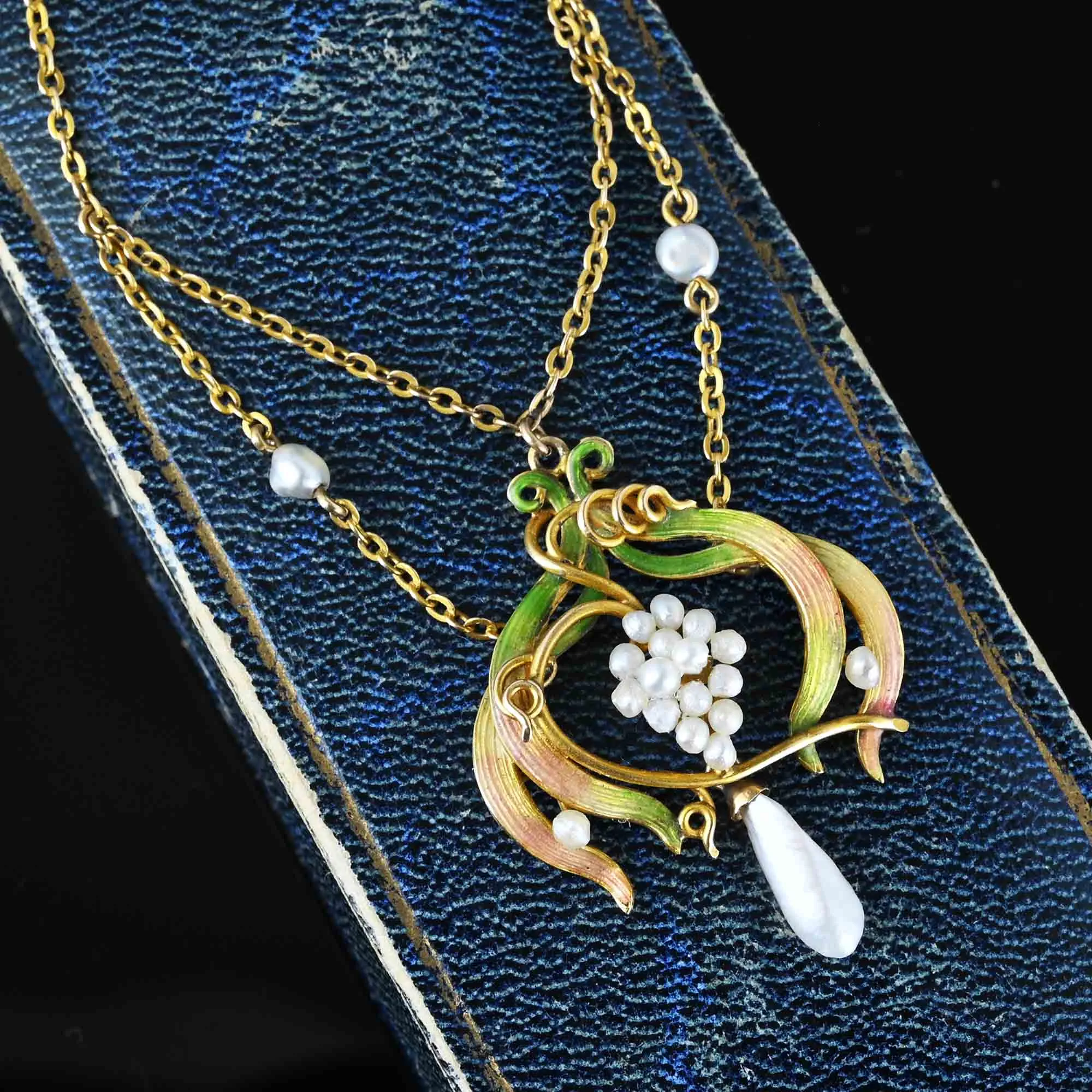 Pearl & Enamel Gold Antique Art Nouveau Necklace
