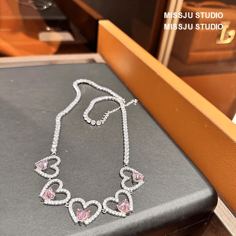 Pink Crystal Hollow Heart Necklace