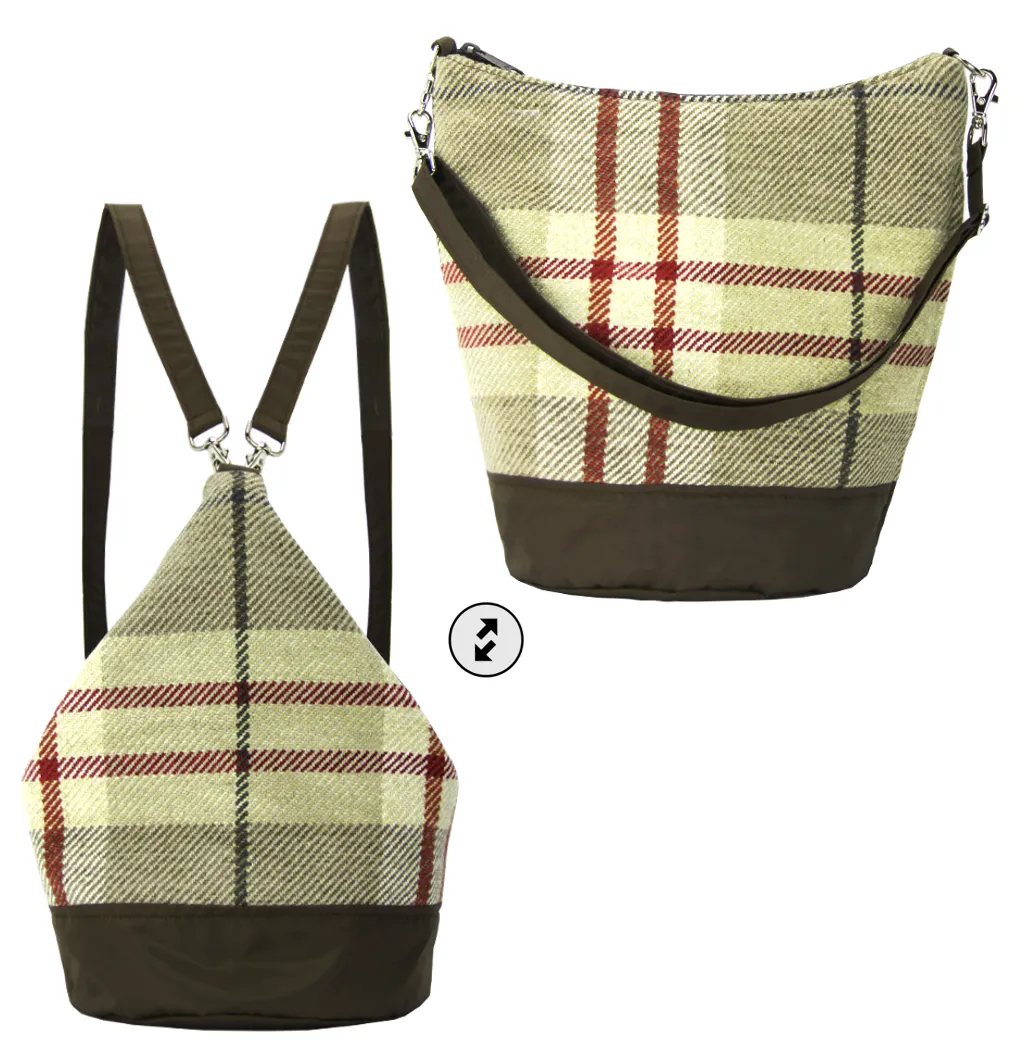 Plaid in Tan | Dark Brown Nylon | RTS Convertible Backpack Purse | Small