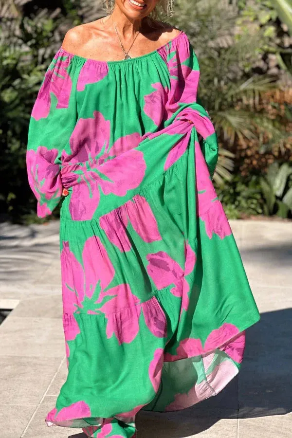 Sexy One-line Shoulder  Printed Maxi Dress