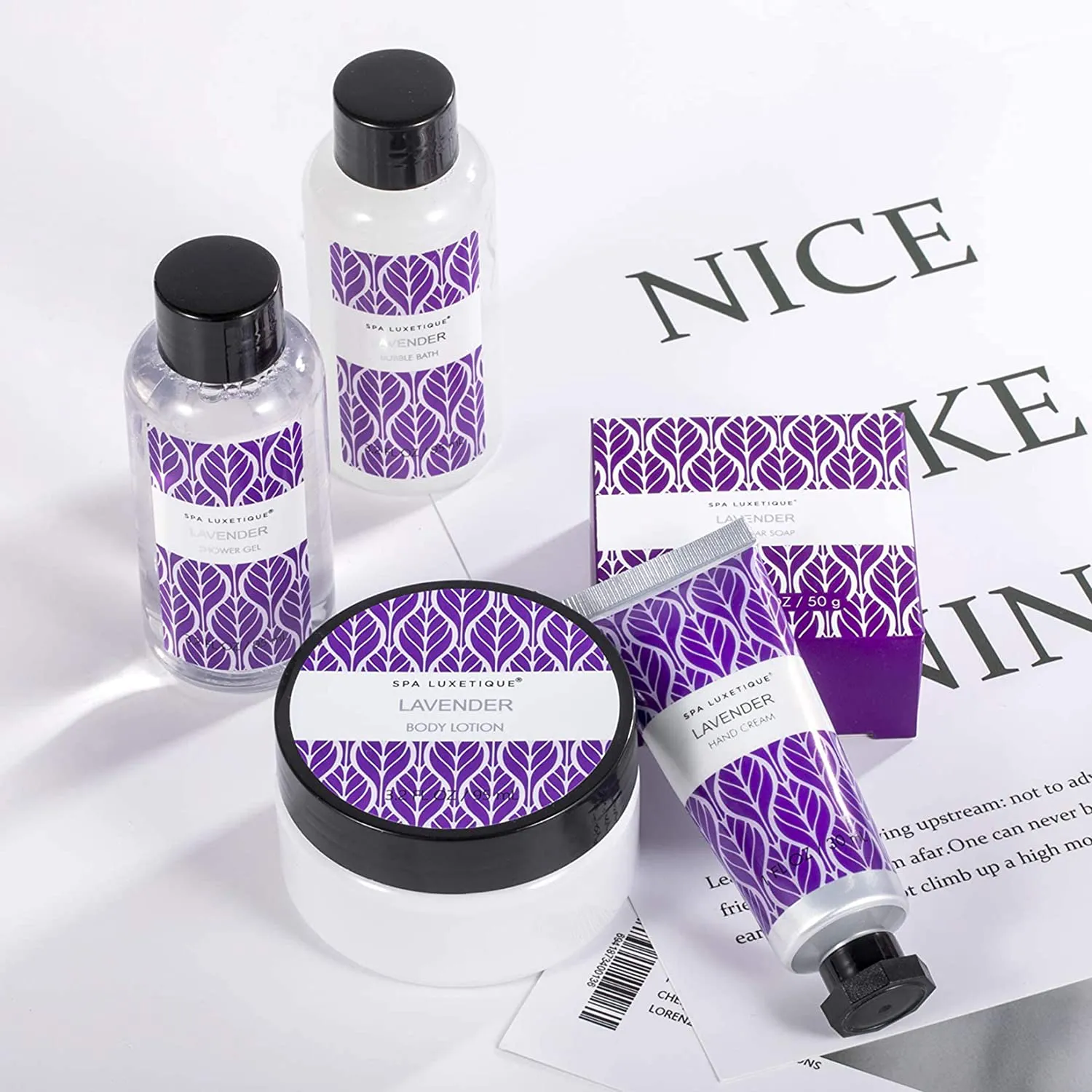 Spa Luxetique Spa Gift Baskets, Spa Gift Box, Lavender Bath Set, 6 Pcs Home Spa Set Includes Body Lotion, Shower Gel, Bubble Bath, Hand Cream, Travel Bag. Best Christmas Gift Sets for Women.