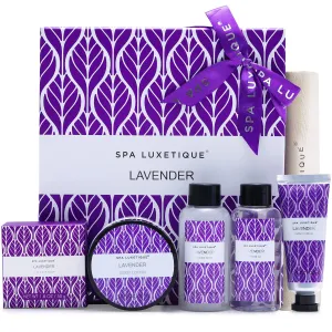 Spa Luxetique Spa Gift Baskets, Spa Gift Box, Lavender Bath Set, 6 Pcs Home Spa Set Includes Body Lotion, Shower Gel, Bubble Bath, Hand Cream, Travel Bag. Best Christmas Gift Sets for Women.
